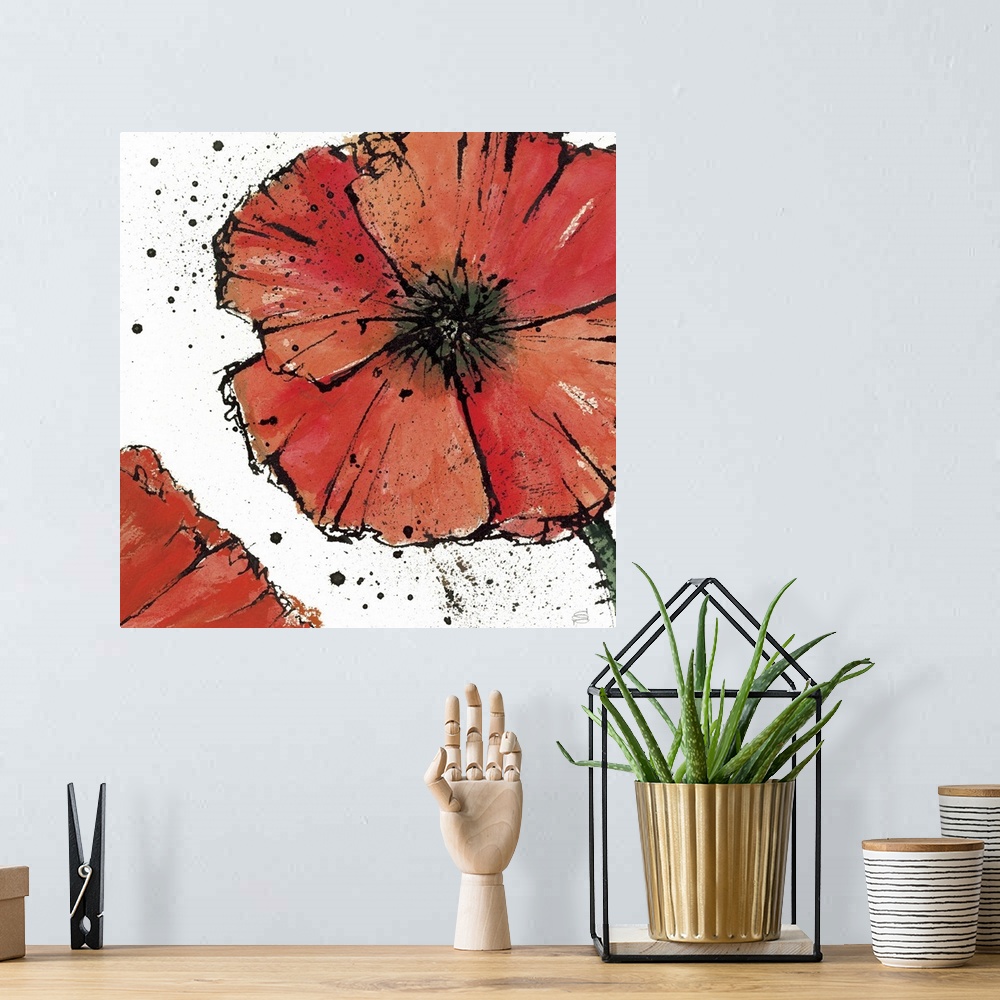 A bohemian room featuring Artwork of a large red flower speckled with black paint from the center and jetting out.