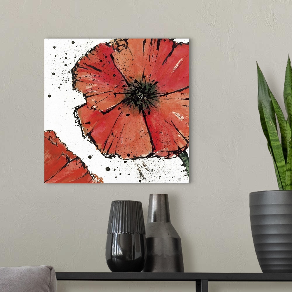 A modern room featuring Artwork of a large red flower speckled with black paint from the center and jetting out.