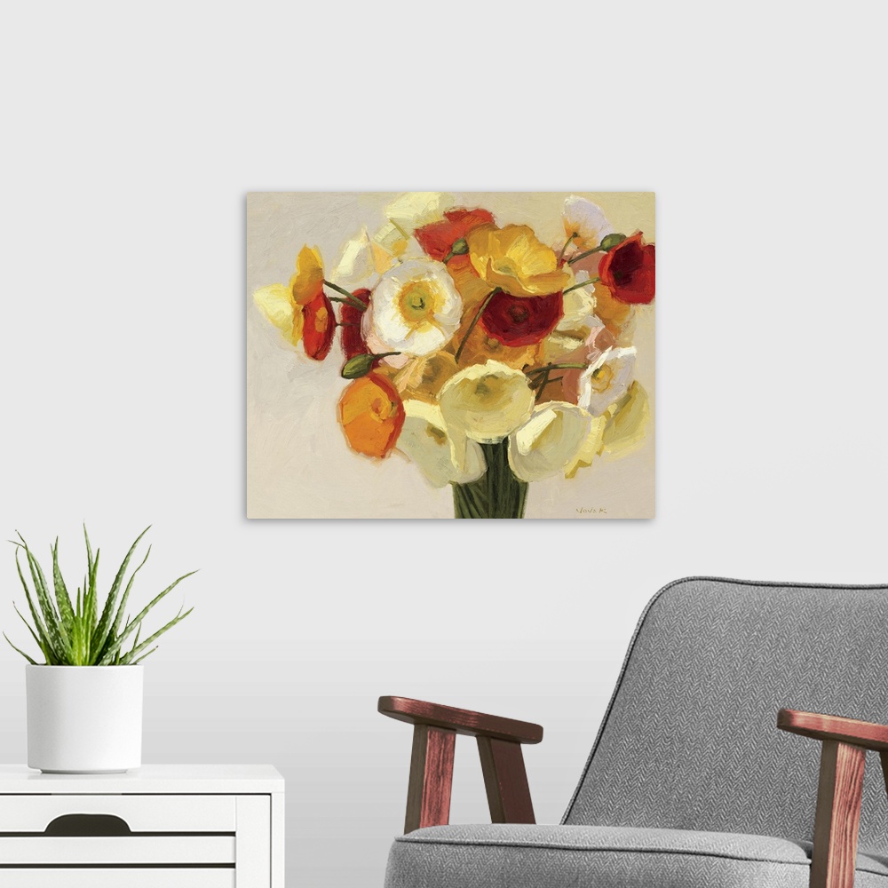 A modern room featuring Docor perfect for the home of a bouquet of warm colored flowers pouring out of a vase.