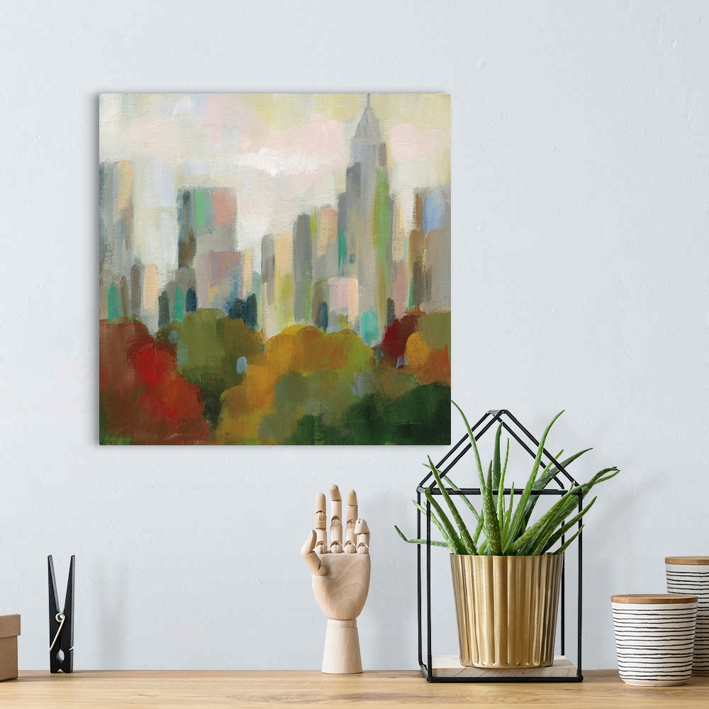 A bohemian room featuring A modern contemporary painting in an impressionism style of Central Park with the New York City S...
