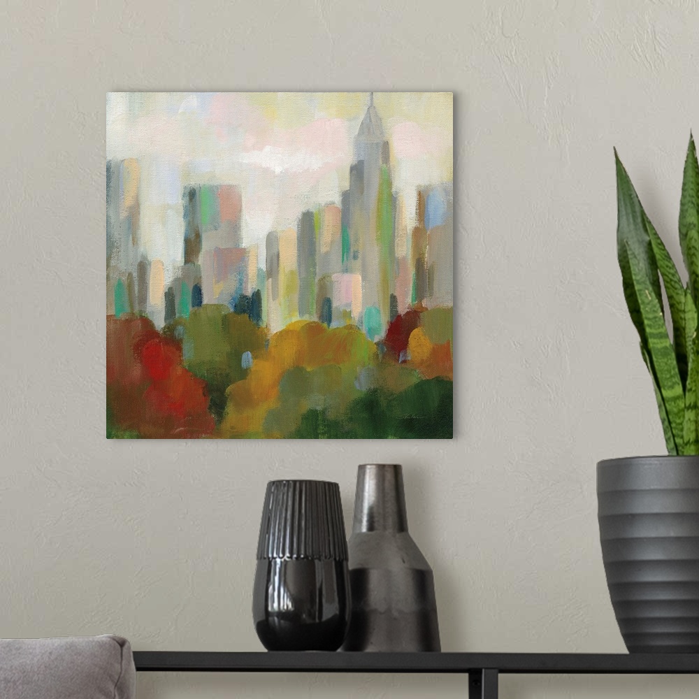 A modern room featuring A modern contemporary painting in an impressionism style of Central Park with the New York City S...