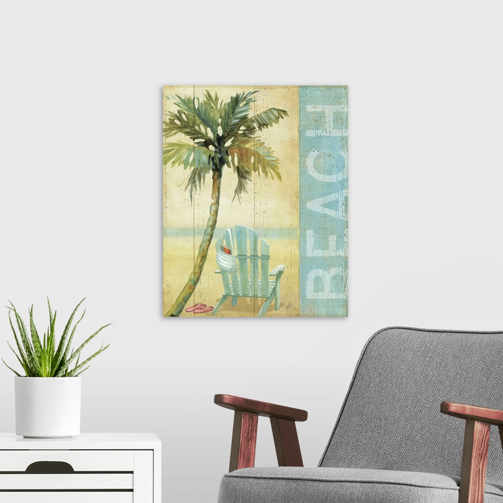 A modern room featuring The piece has a wooden panel texture with a single palm tree and beach chair that has a bag hangi...