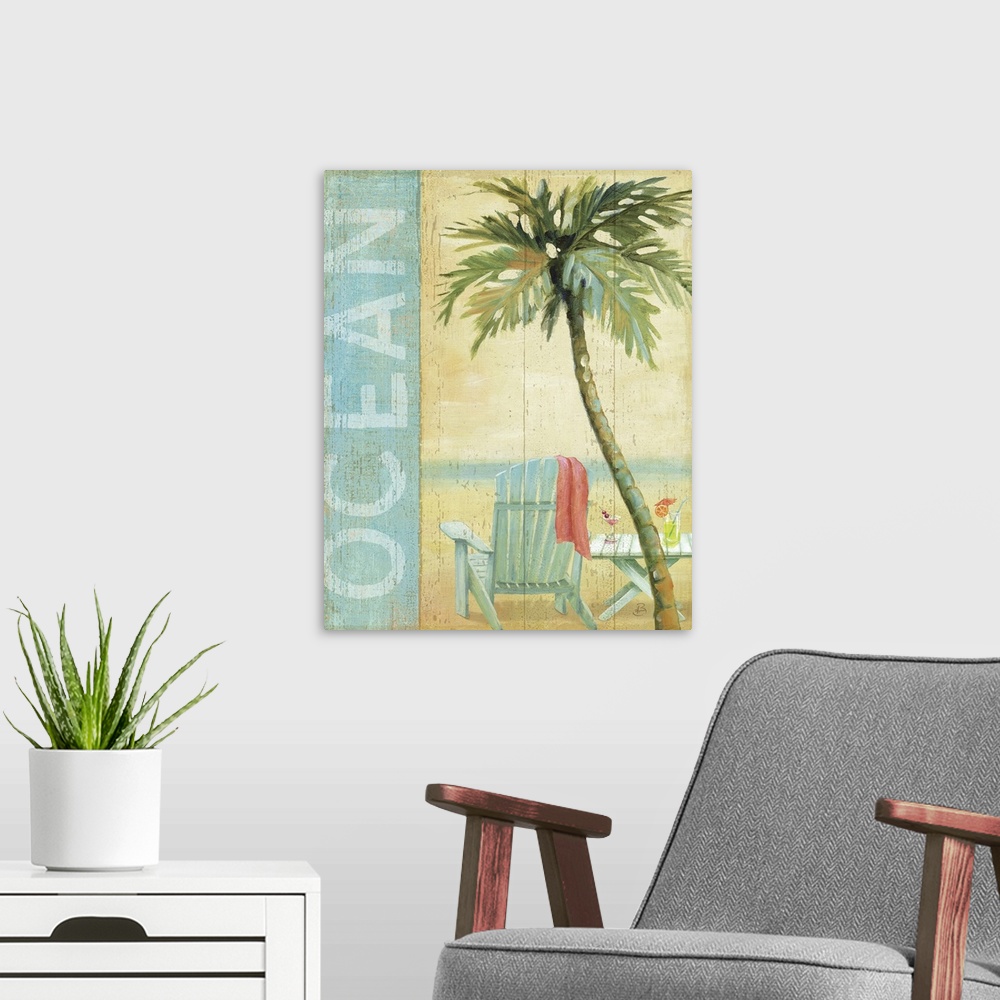 A modern room featuring Artwork of beach chair and table on the shoreline with a palm tree in the foreground.  The text "...