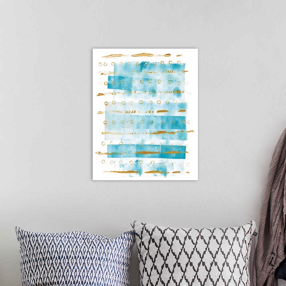 A bohemian room featuring Abstract watercolor painting with horizontal lines of blue rectangular boxes and metallic gold ci...