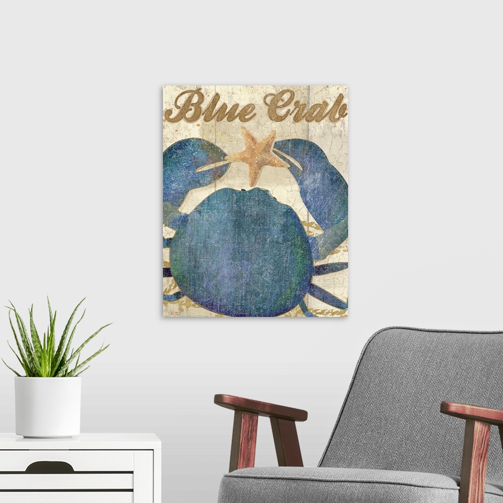 A modern room featuring A blue crab holding a starfish with the words "Blue Crab" written in script above it.