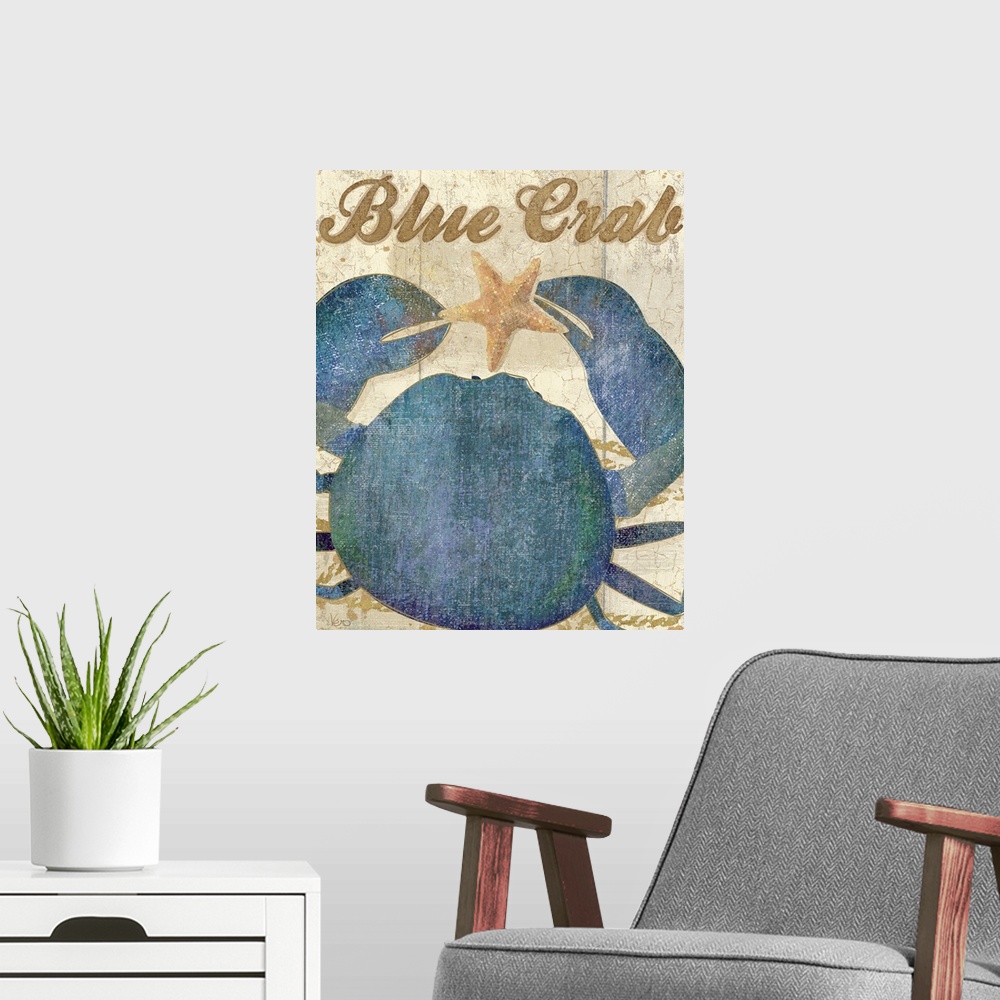 A modern room featuring A blue crab holding a starfish with the words "Blue Crab" written in script above it.