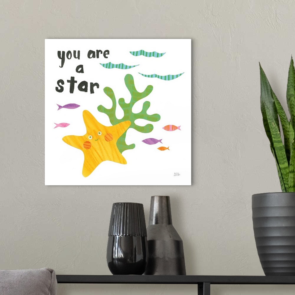 A modern room featuring "You Are a Star" written in black above a starfish, seaweed, and fish in the ocean, made from ind...
