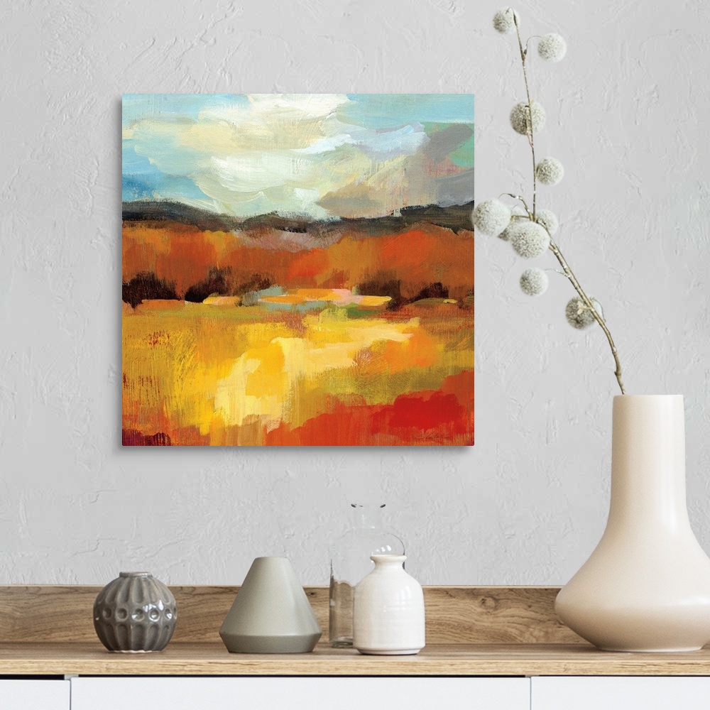 A farmhouse room featuring Square abstract painting of an Autumn tree scene with a blue sky.