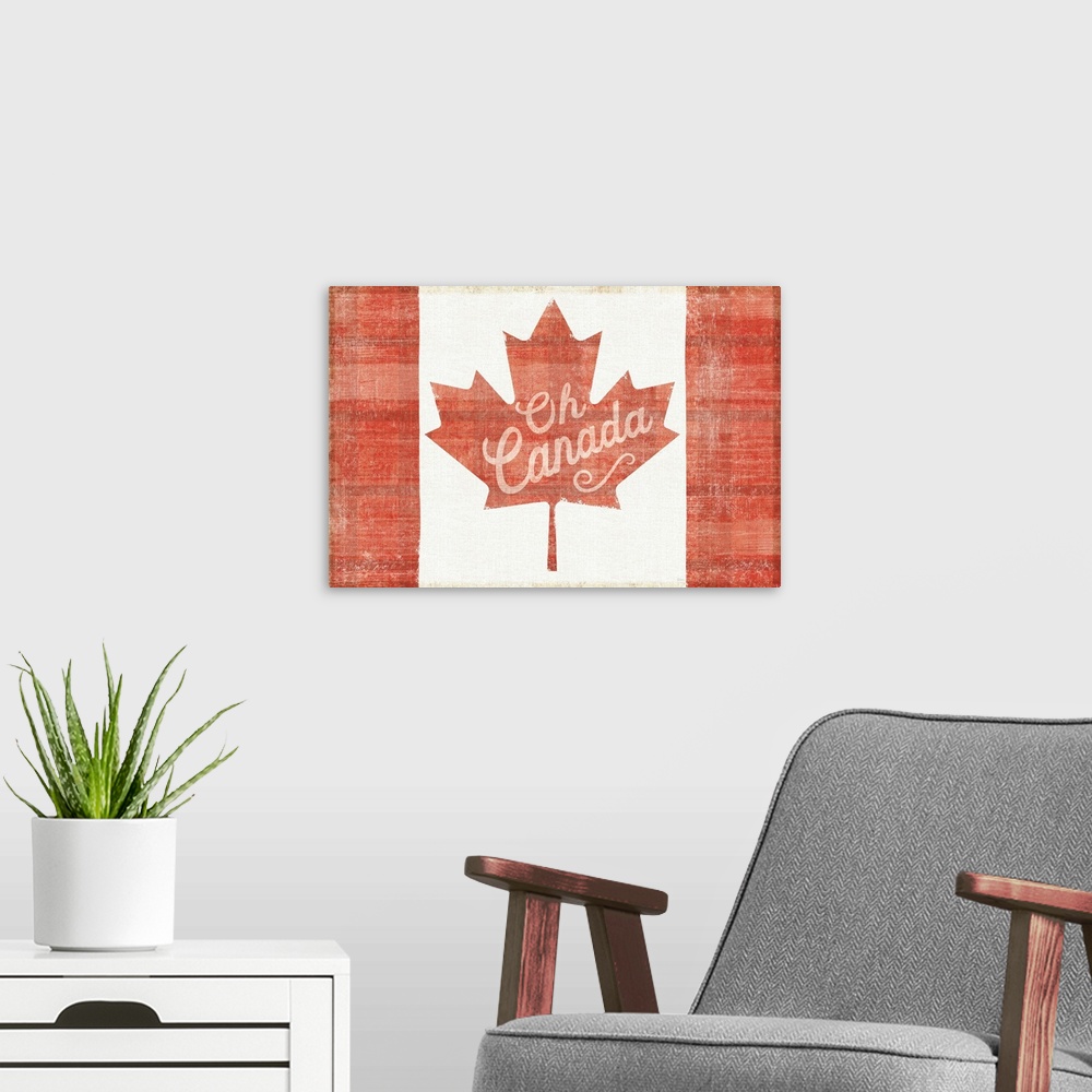A modern room featuring Red and white plaid patterned Canadian flag with the phrase "Oh Canada" written on the red maple ...