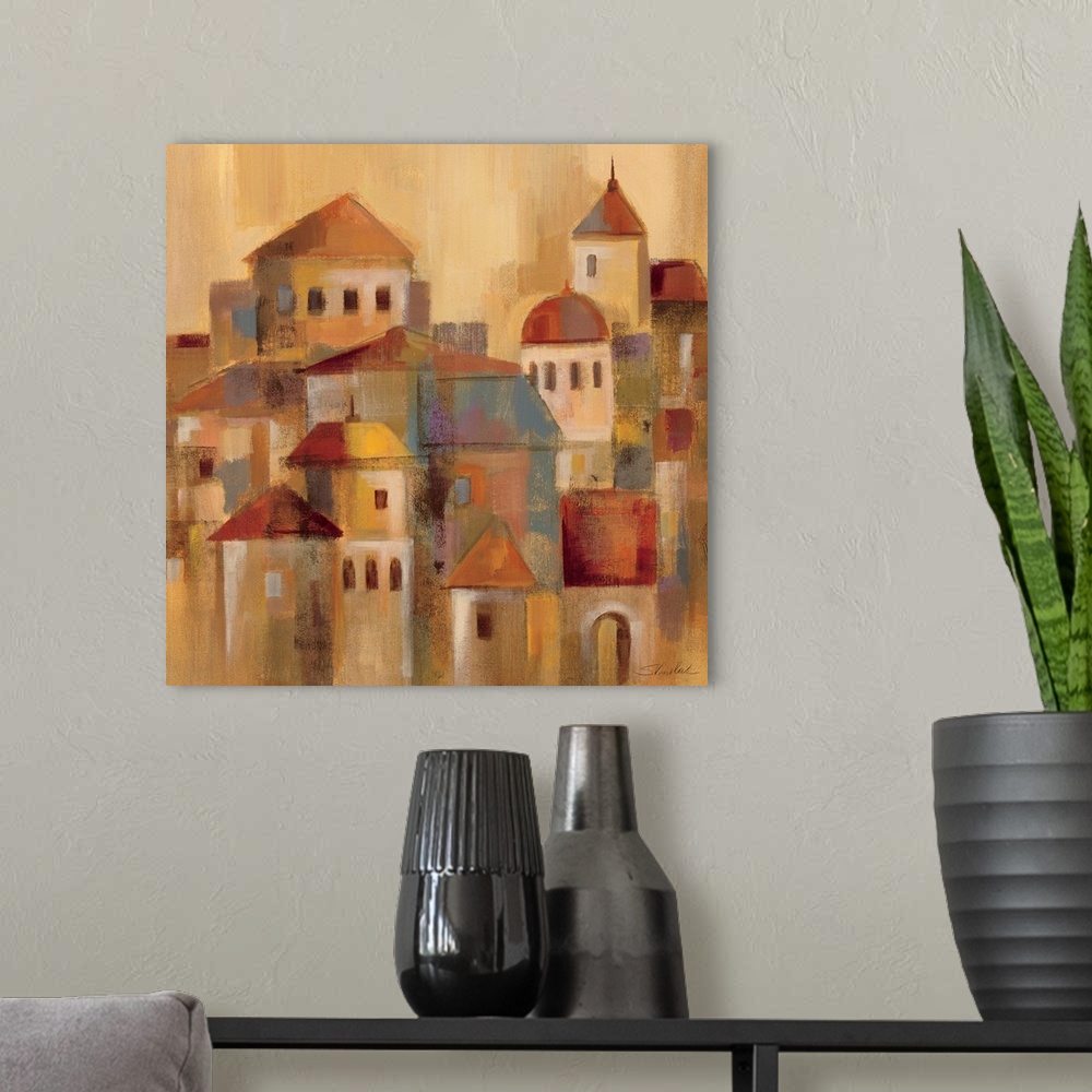 A modern room featuring Contemporary painting of village buildings in a faded rustic style.