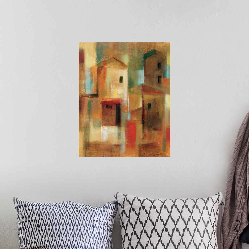 A bohemian room featuring Contemporary abstract painting of houses.  The homes are depicting using simple geometric shapes.