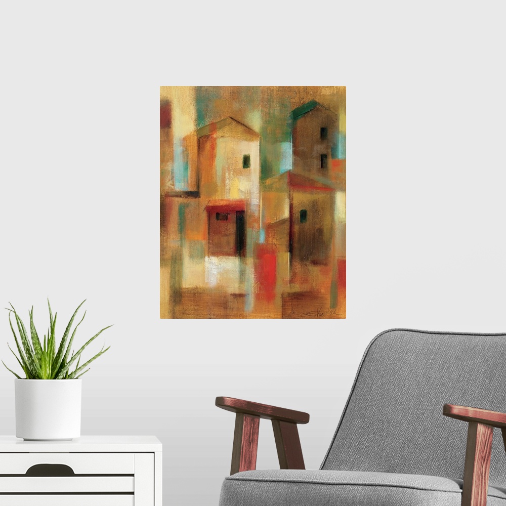 A modern room featuring Contemporary abstract painting of houses.  The homes are depicting using simple geometric shapes.