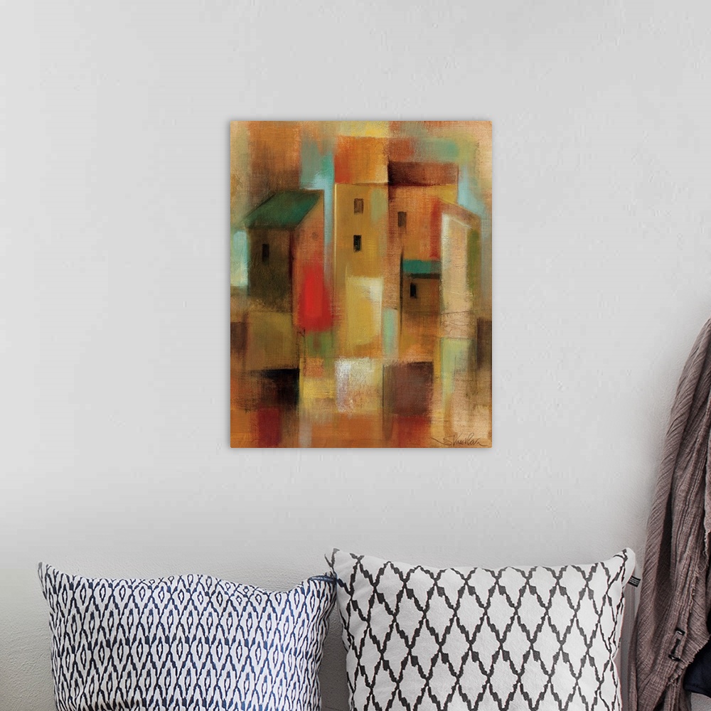 A bohemian room featuring Abstract painting of buildings in a town made up of patches of colors.