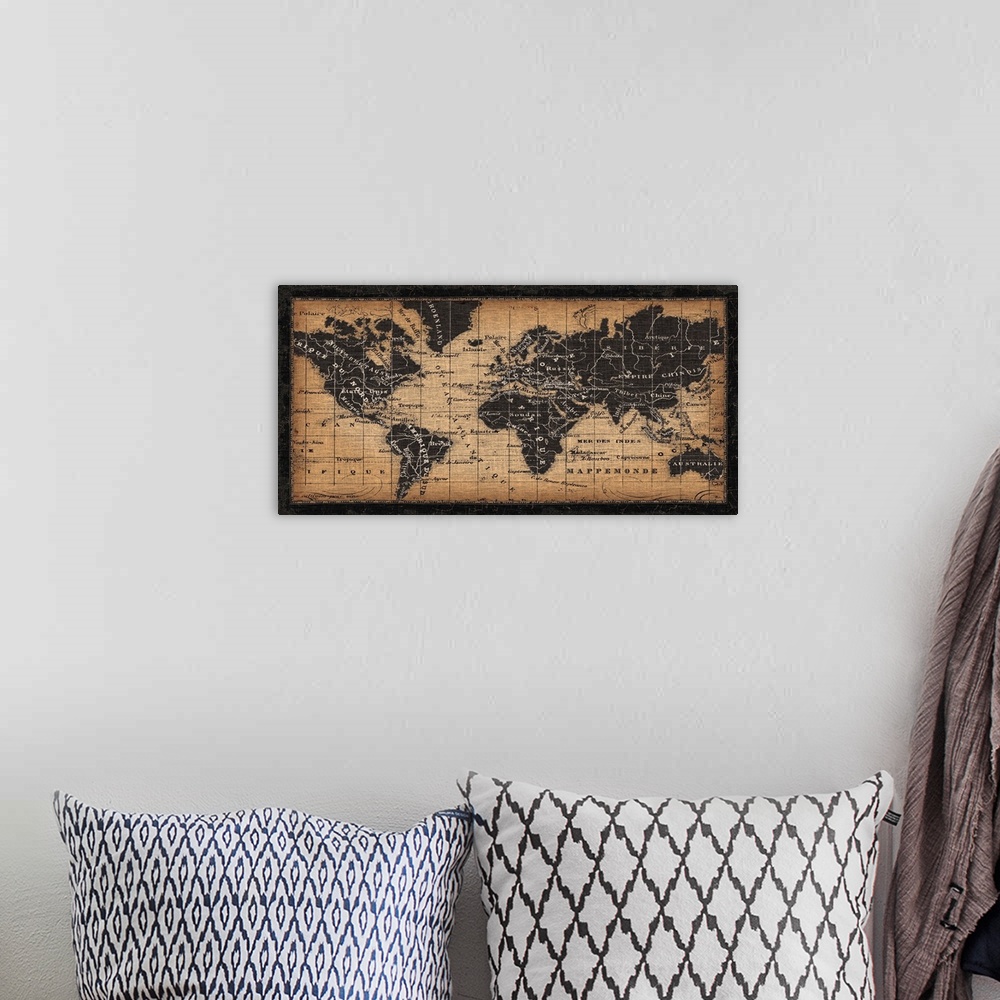 A bohemian room featuring This artwork has been designed to look like an antique map with French names and a burlap fabric ...