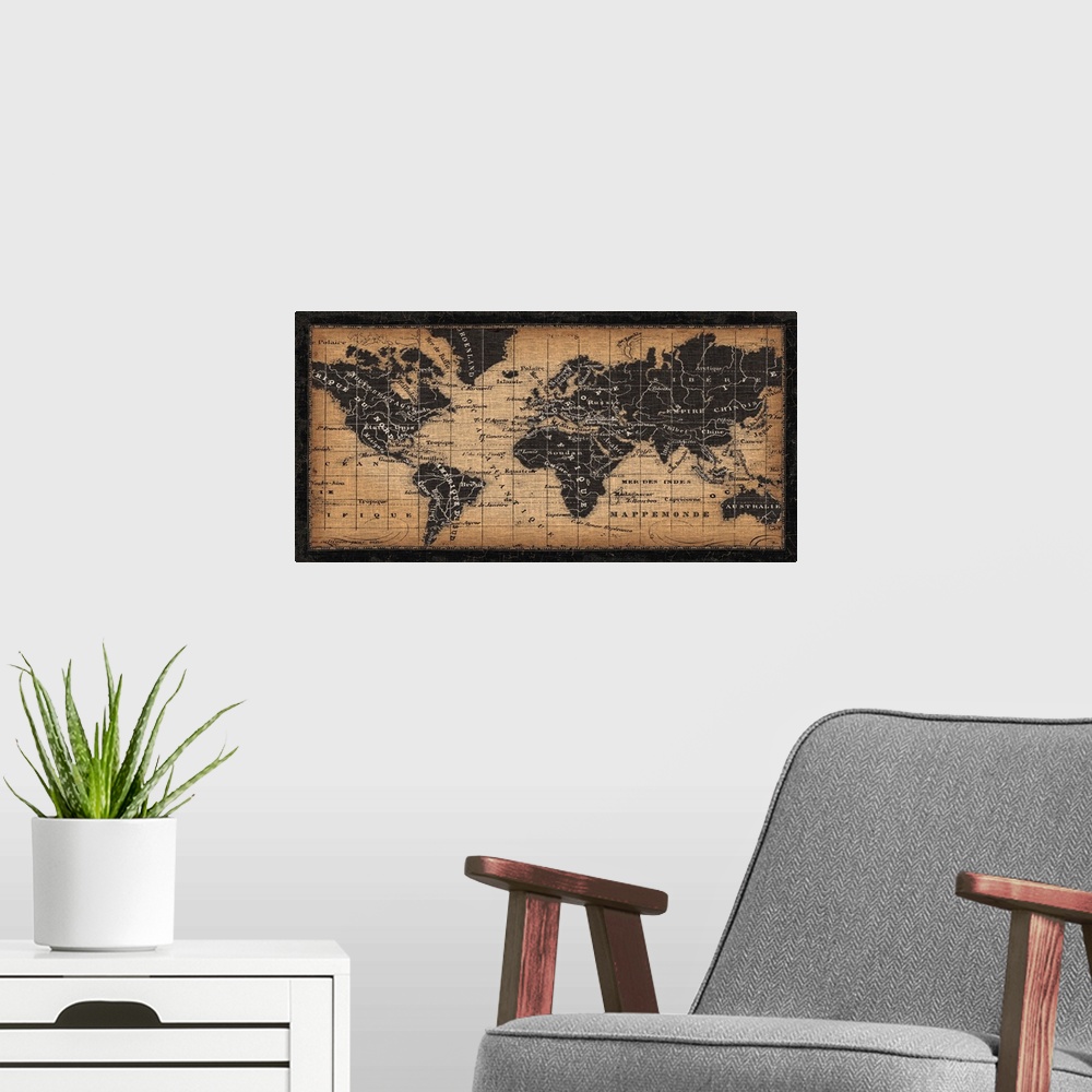 A modern room featuring This artwork has been designed to look like an antique map with French names and a burlap fabric ...