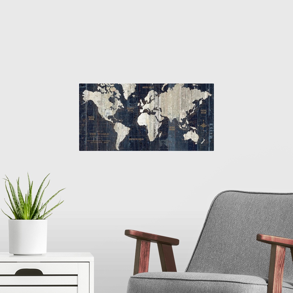 A modern room featuring A decorative map of six contents with labels of islands and shipping lanes in the ocean; this hor...