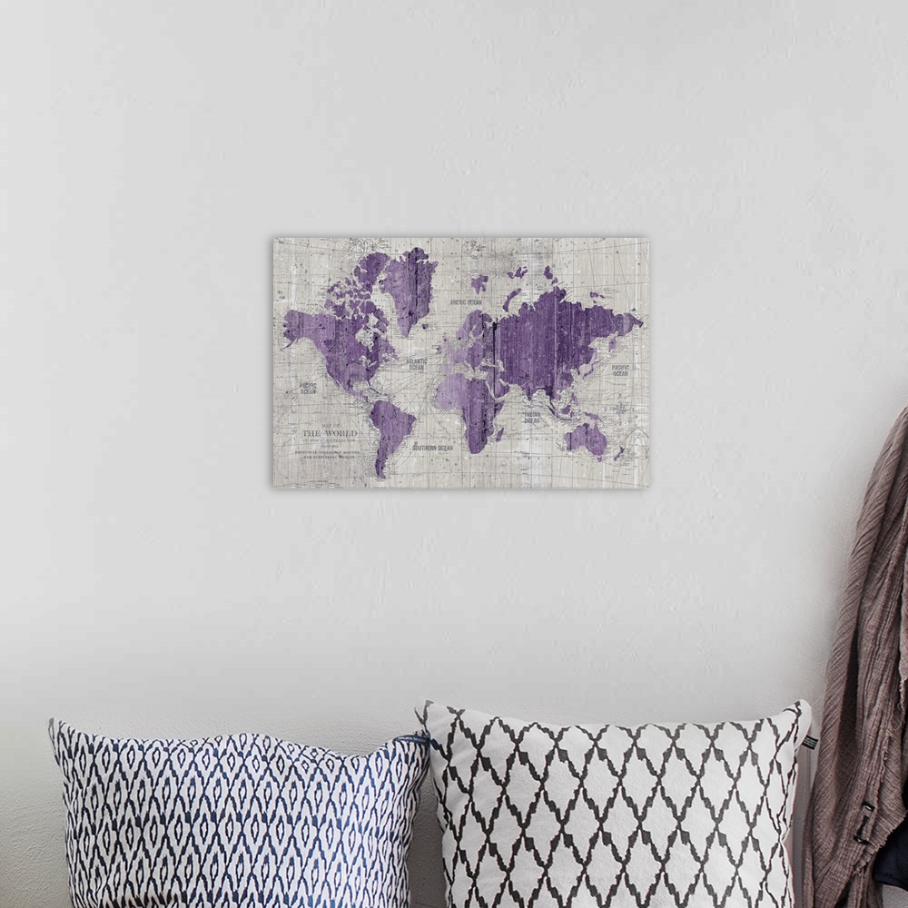 A bohemian room featuring Old World Map Purple Gray