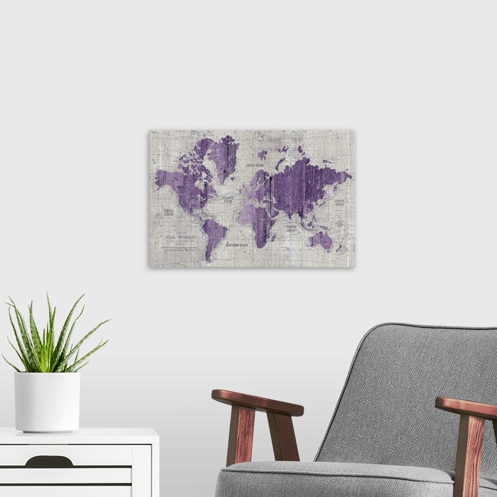 A modern room featuring Old World Map Purple Gray