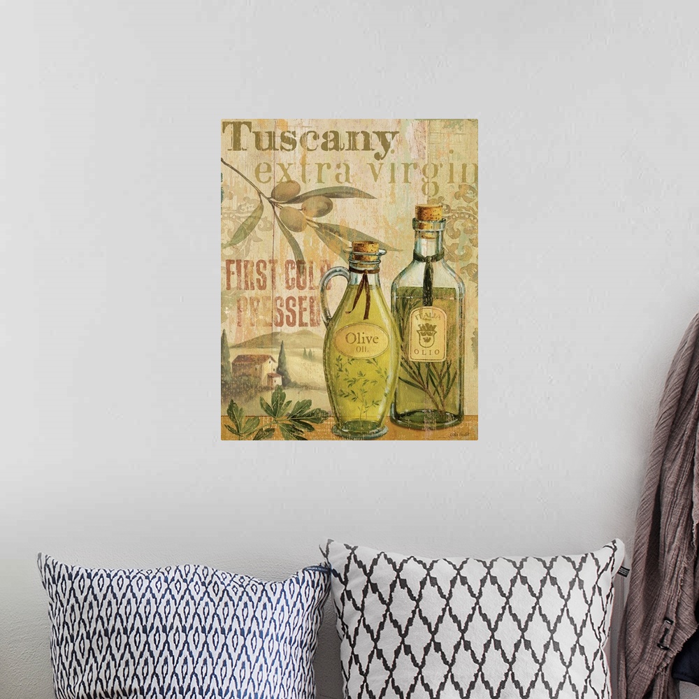 A bohemian room featuring Kitchen wall art drawing of two bottles of olive oil with the rolling hills and a house in Tuscan...