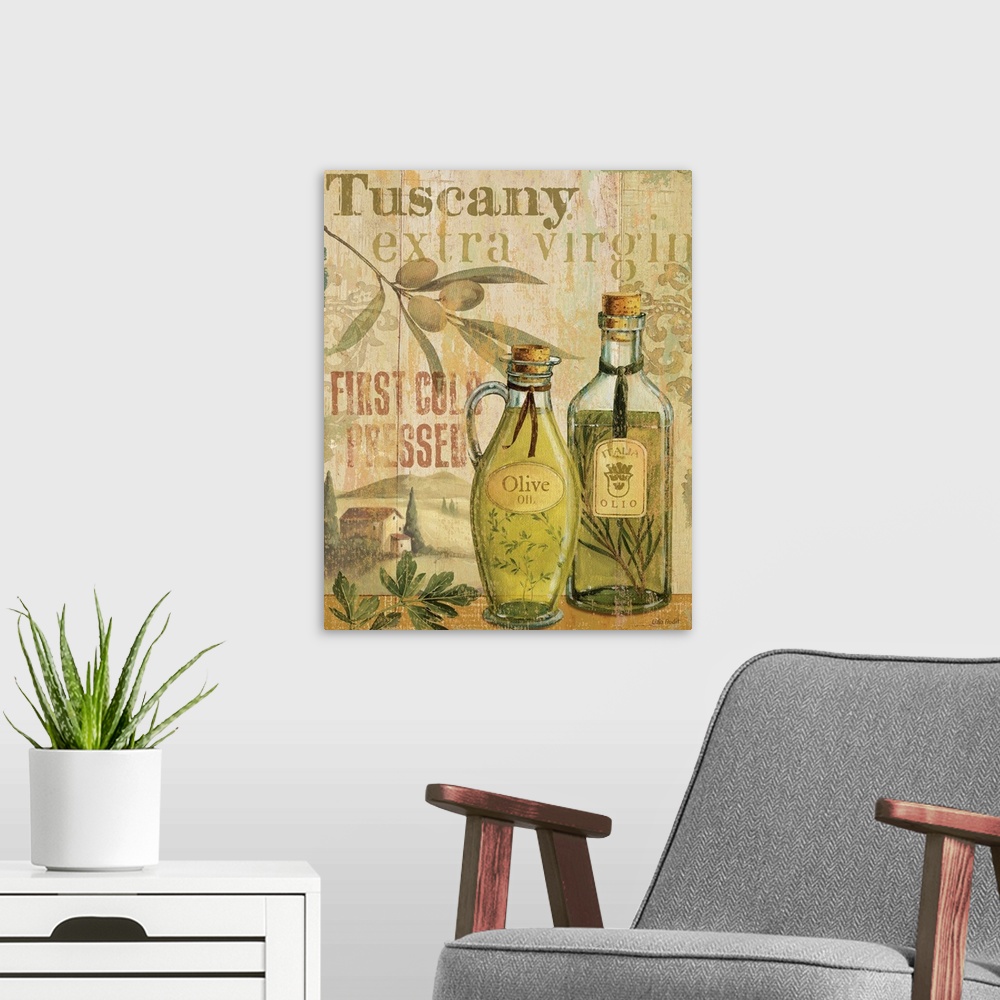 A modern room featuring Kitchen wall art drawing of two bottles of olive oil with the rolling hills and a house in Tuscan...