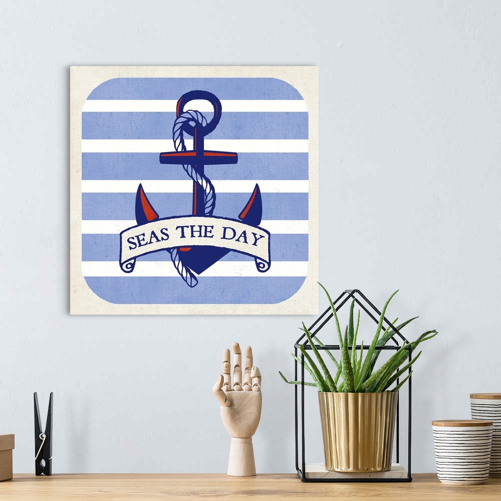 A bohemian room featuring Contemporary nautical themed sentiment art with an anchor against a blue and white striped backgr...