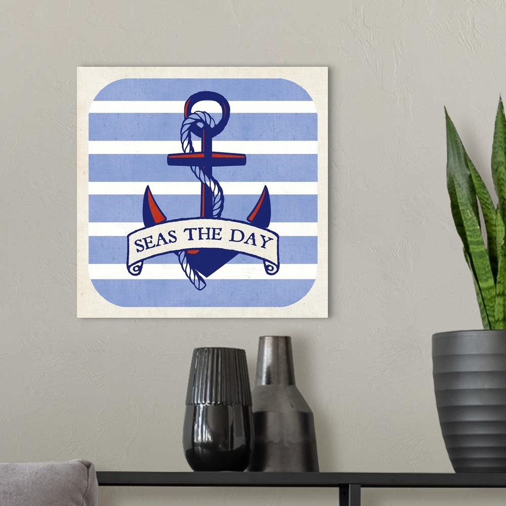 A modern room featuring Contemporary nautical themed sentiment art with an anchor against a blue and white striped backgr...