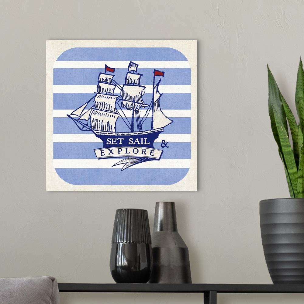 A modern room featuring Contemporary nautical themed sentiment art with a ship against a blue and white striped background.
