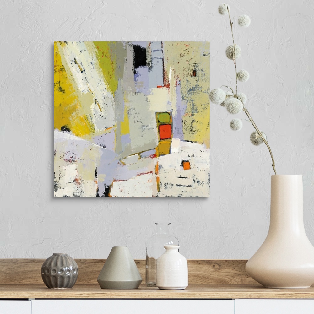 A farmhouse room featuring Inspired by urban settings, this abstract artwork features blocks of color and distressed textures.