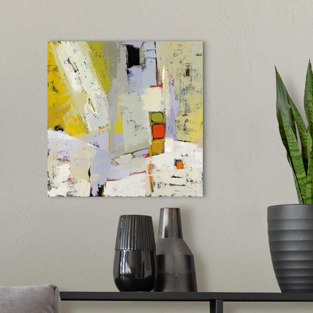 A modern room featuring Inspired by urban settings, this abstract artwork features blocks of color and distressed textures.
