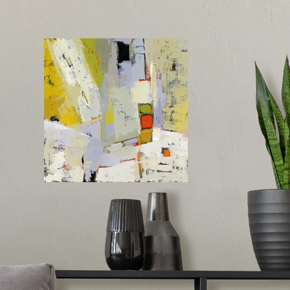 A modern room featuring Inspired by urban settings, this abstract artwork features blocks of color and distressed textures.