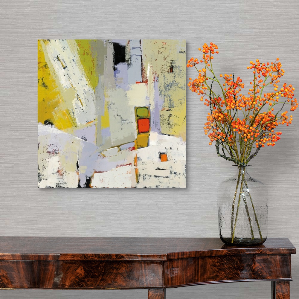 A traditional room featuring Inspired by urban settings, this abstract artwork features blocks of color and distressed textures.