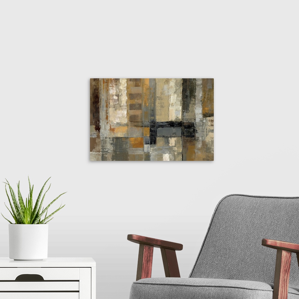 A modern room featuring Abstract art painting of neutral rectangular blocks going all directions.