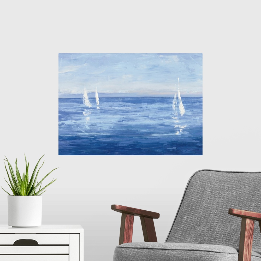 A modern room featuring Contemporary painting of white sails from sailboats casting reflections on the calm sea.