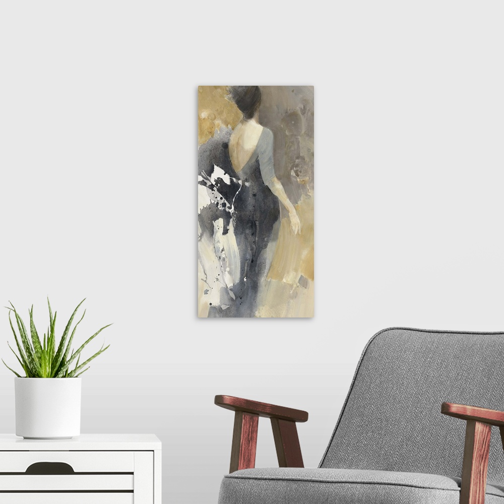 A modern room featuring Contemporary painting of a woman in a black gown.