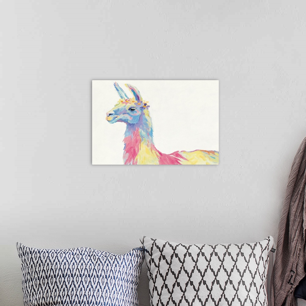 A bohemian room featuring Contemporary painting of a Llama with a wreath on her head in multiple pastel colors.