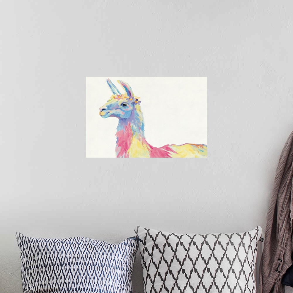 A bohemian room featuring Contemporary painting of a Llama with a wreath on her head in multiple pastel colors.