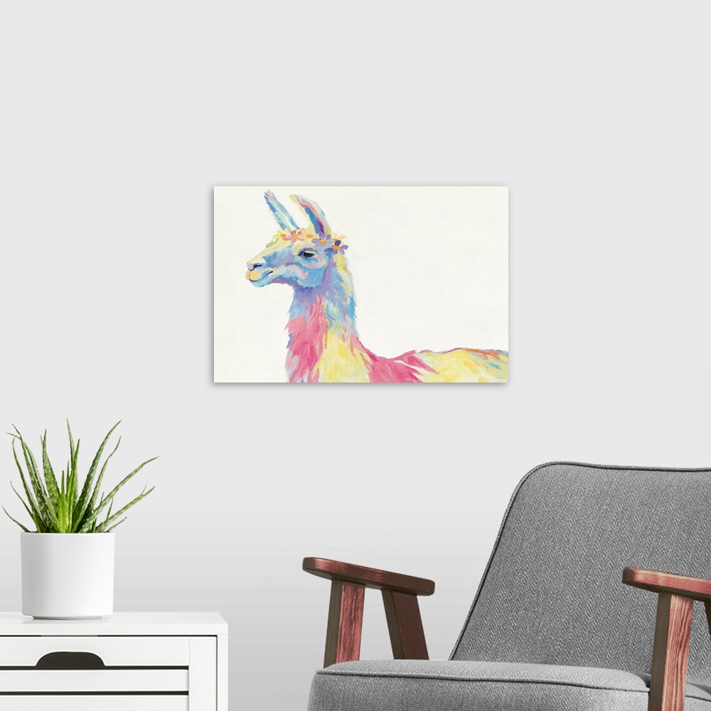 A modern room featuring Contemporary painting of a Llama with a wreath on her head in multiple pastel colors.