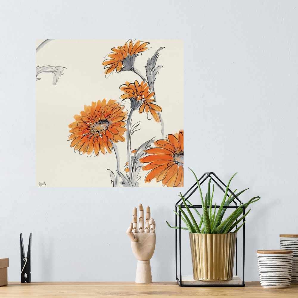 A bohemian room featuring Contemporary painting of flowers against a beige background.