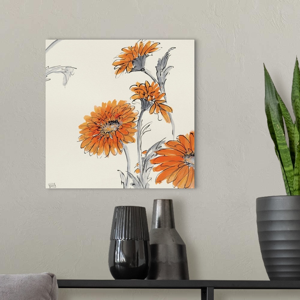A modern room featuring Contemporary painting of flowers against a beige background.