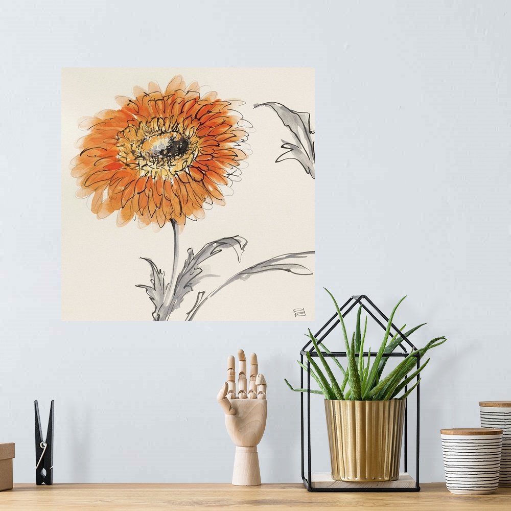 A bohemian room featuring Contemporary painting of flowers against a beige background.