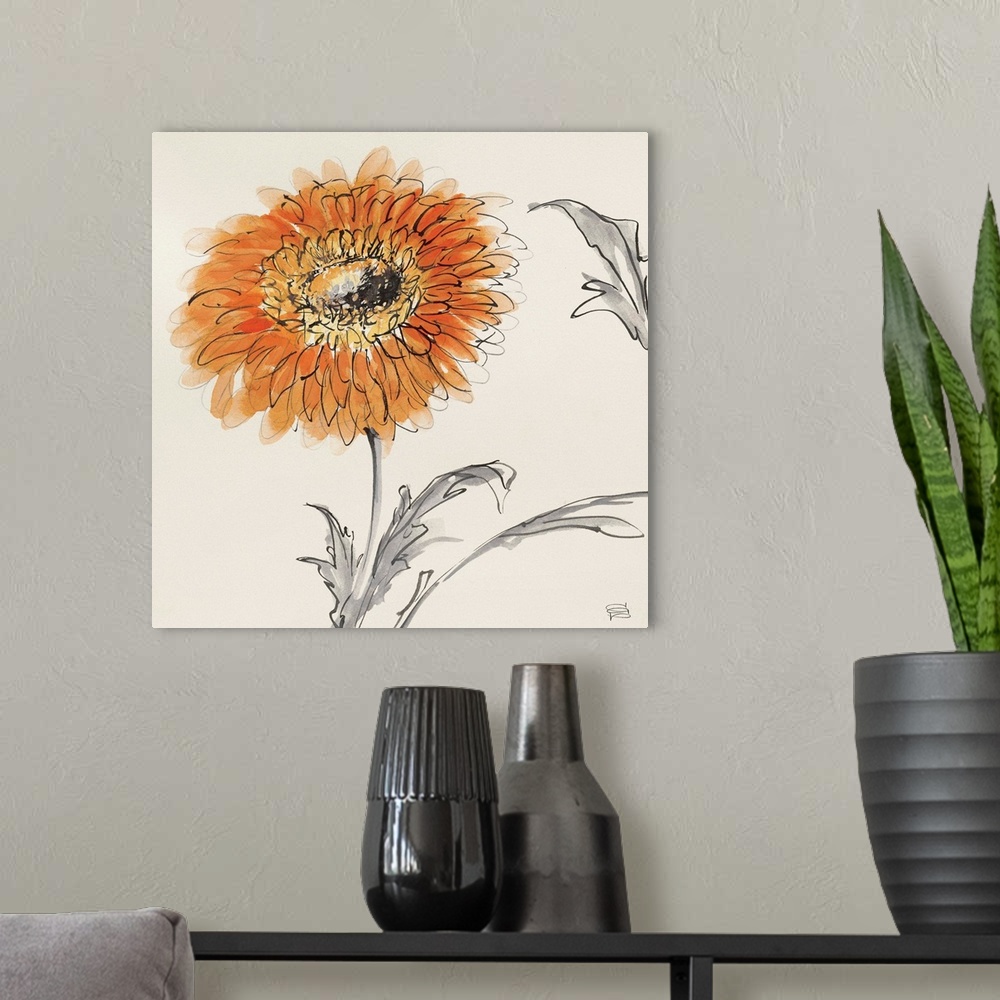 A modern room featuring Contemporary painting of flowers against a beige background.