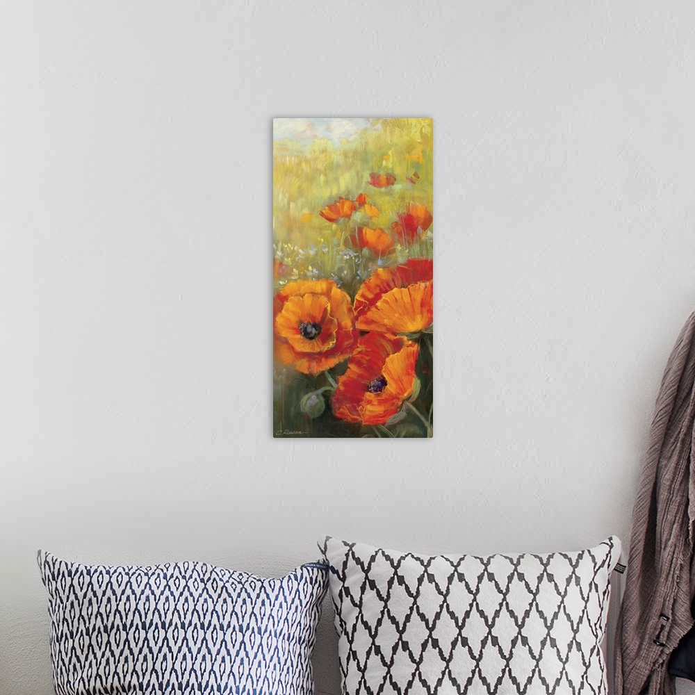 A bohemian room featuring This contemporary painting of flower blossoms is on a tall, vertical decorative accent for the home.