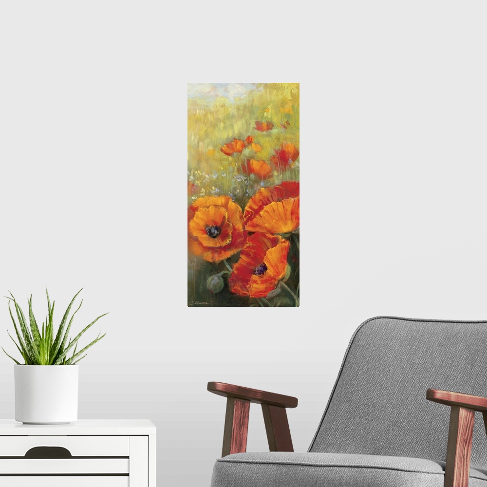 A modern room featuring This contemporary painting of flower blossoms is on a tall, vertical decorative accent for the home.