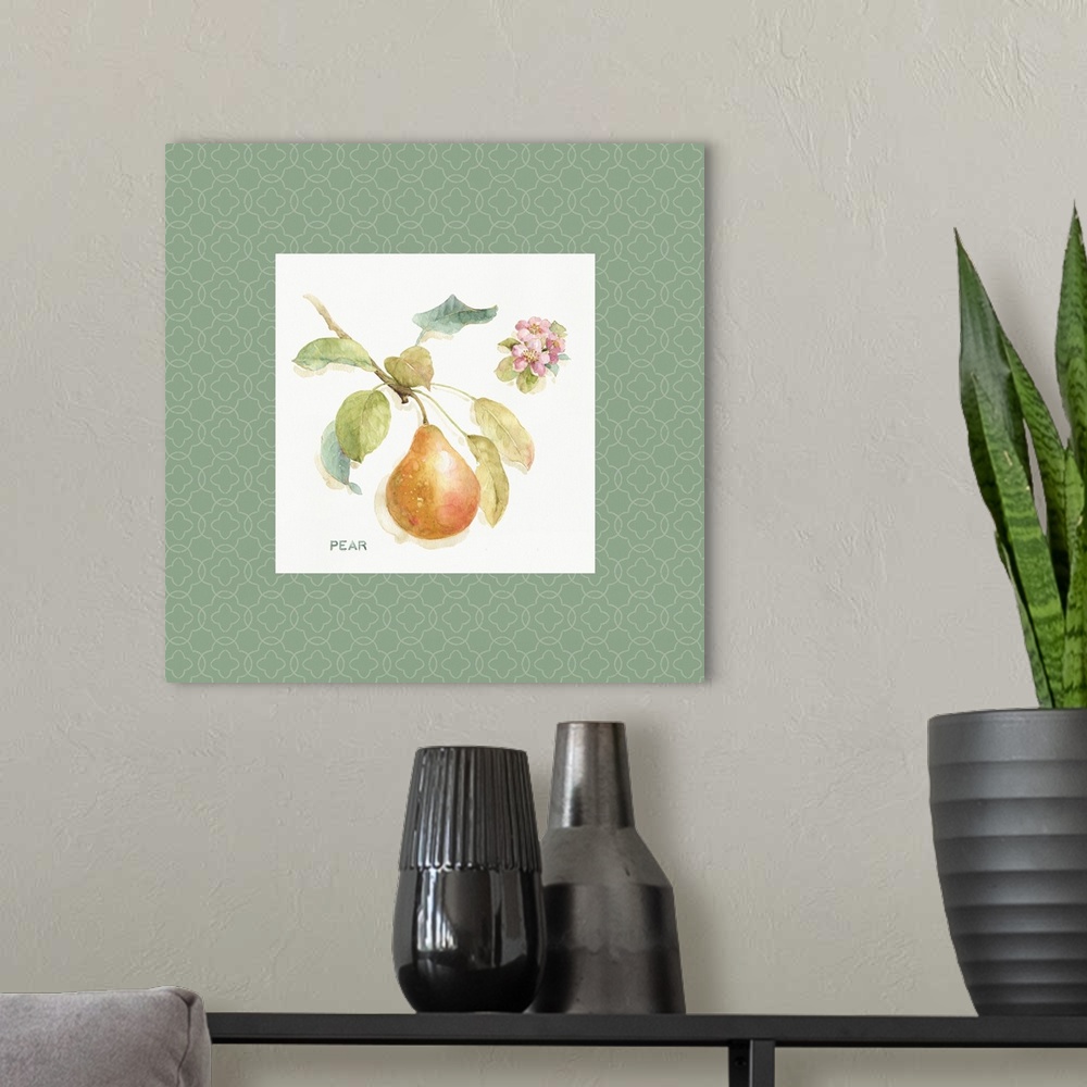 A modern room featuring Decorative watercolor artwork of a pear on a branch with a sage green patterned border.