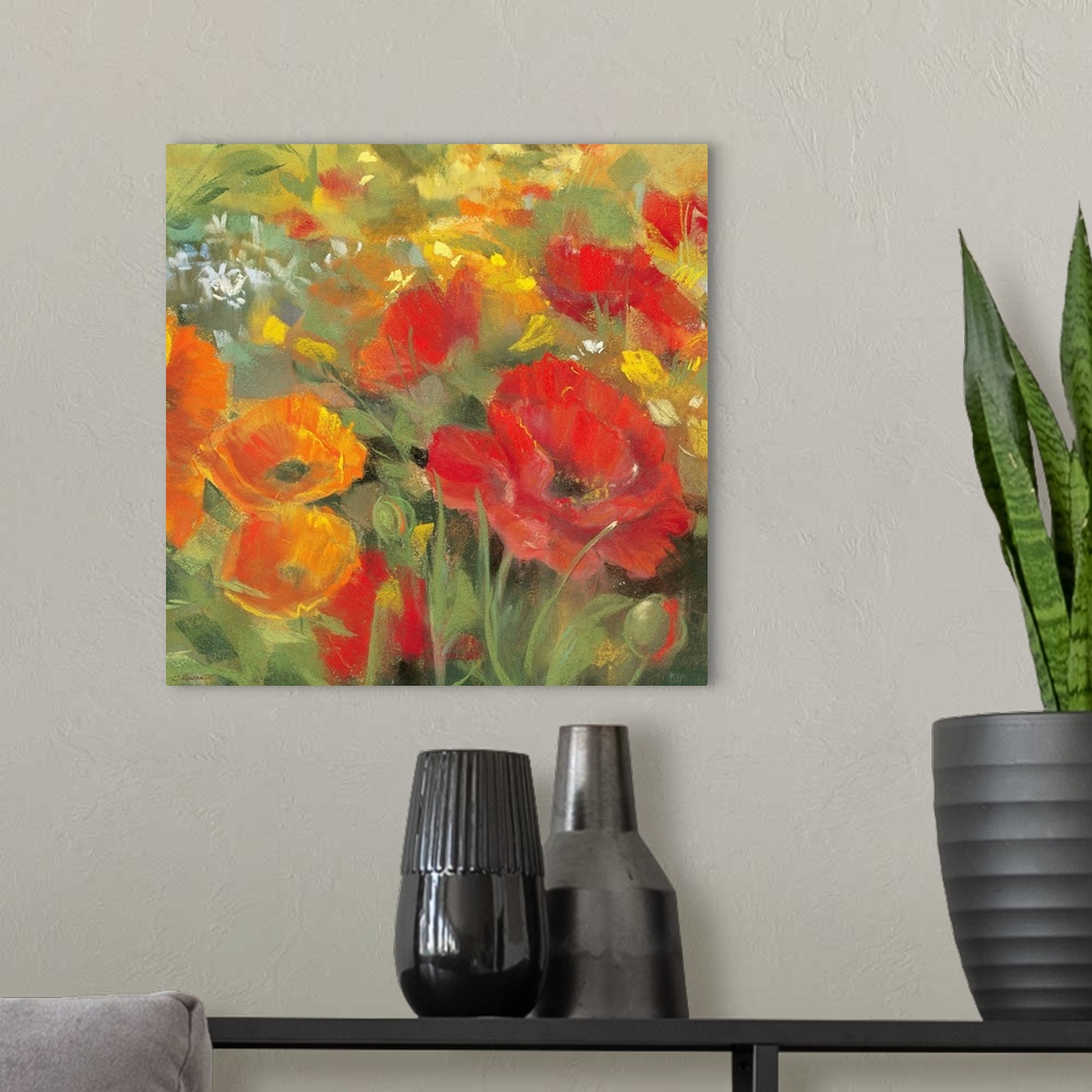 A modern room featuring Big contemporary floral art shows a field of colorful oriental poppy flowers against a slightly r...