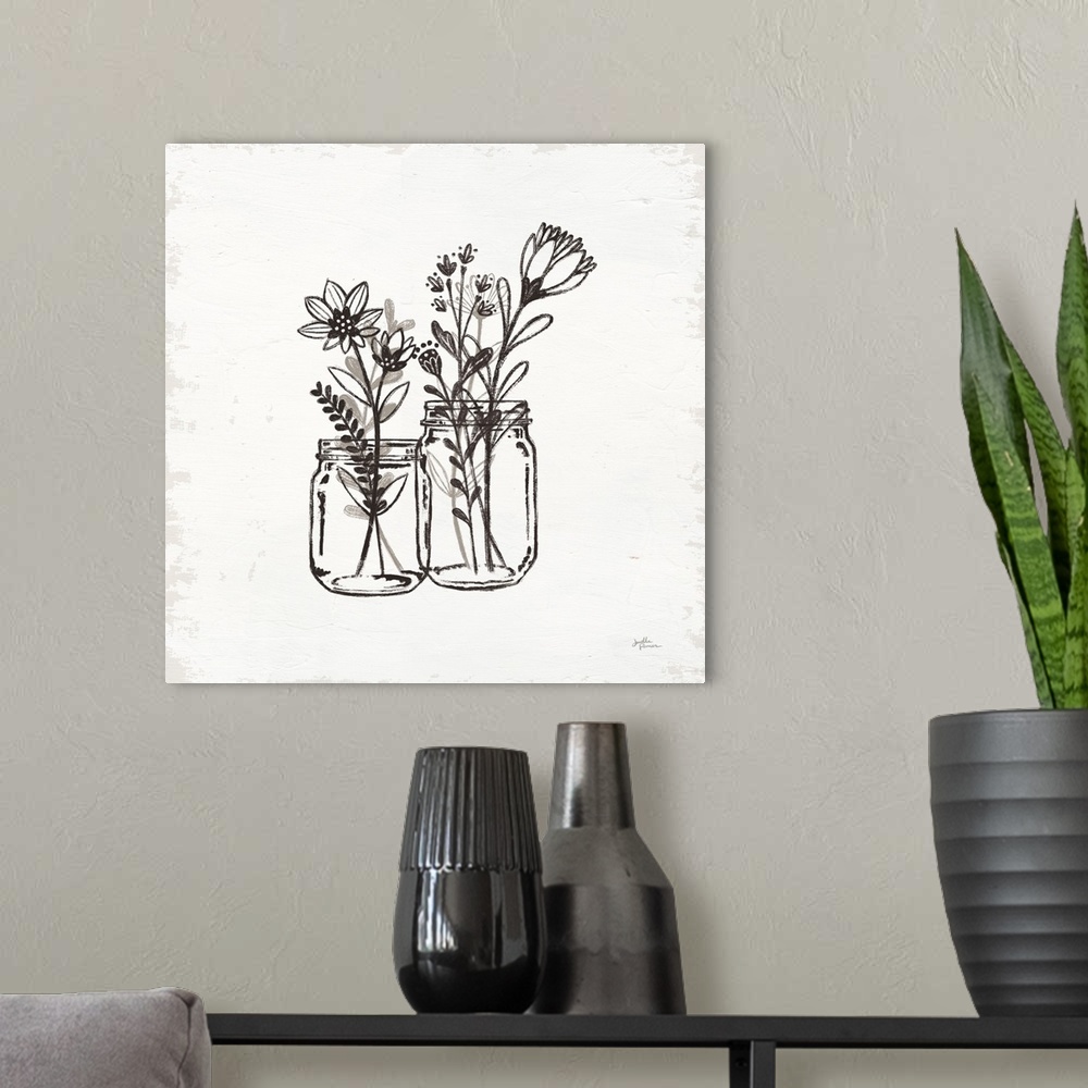 A modern room featuring Square illustration of two jars filled with flowers in a pen and ink style with a texture backdrop.
