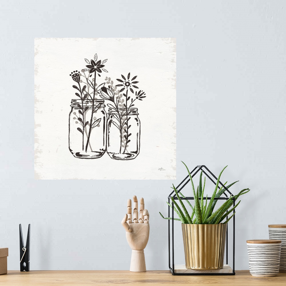 A bohemian room featuring Square illustration of two jars filled with flowers in a pen and ink style with a texture backdrop.
