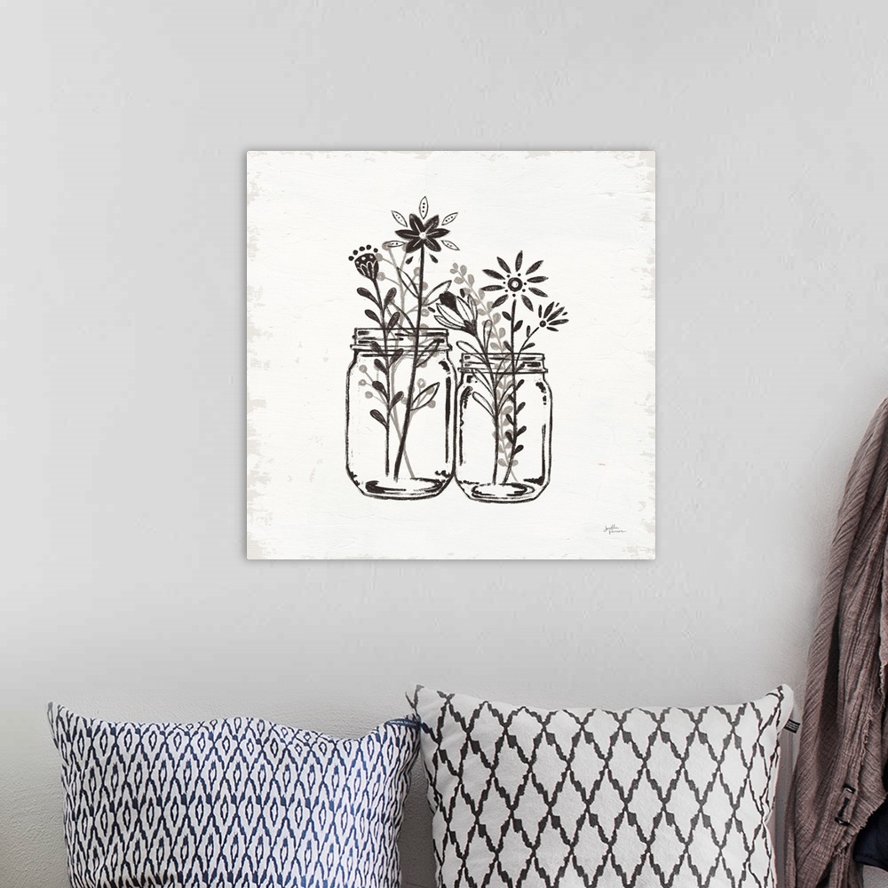 A bohemian room featuring Square illustration of two jars filled with flowers in a pen and ink style with a texture backdrop.