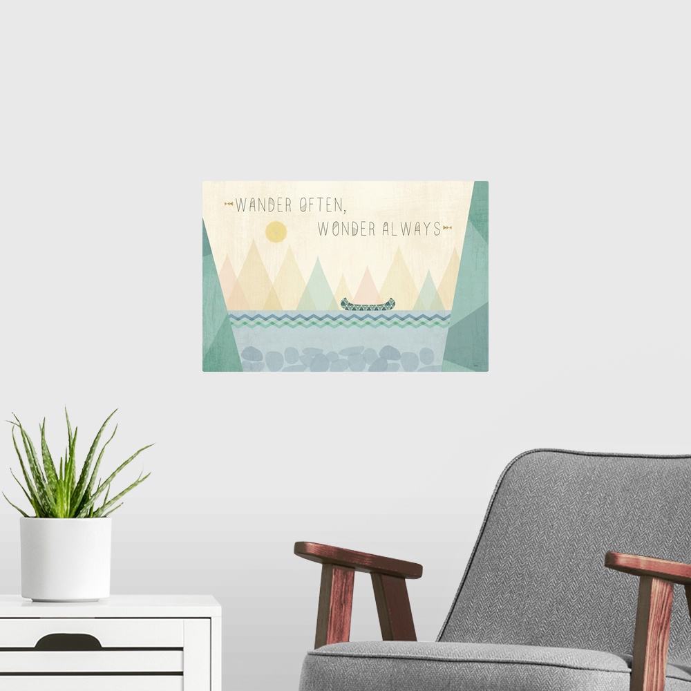 A modern room featuring "Wander Often, Wonder Always" geometric lake decor