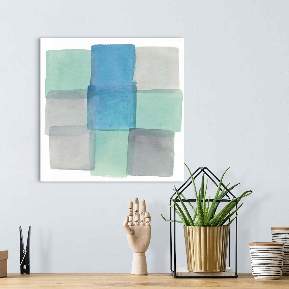 A bohemian room featuring Contemporary watercolor abstract of squares in pale colors against a white background.
